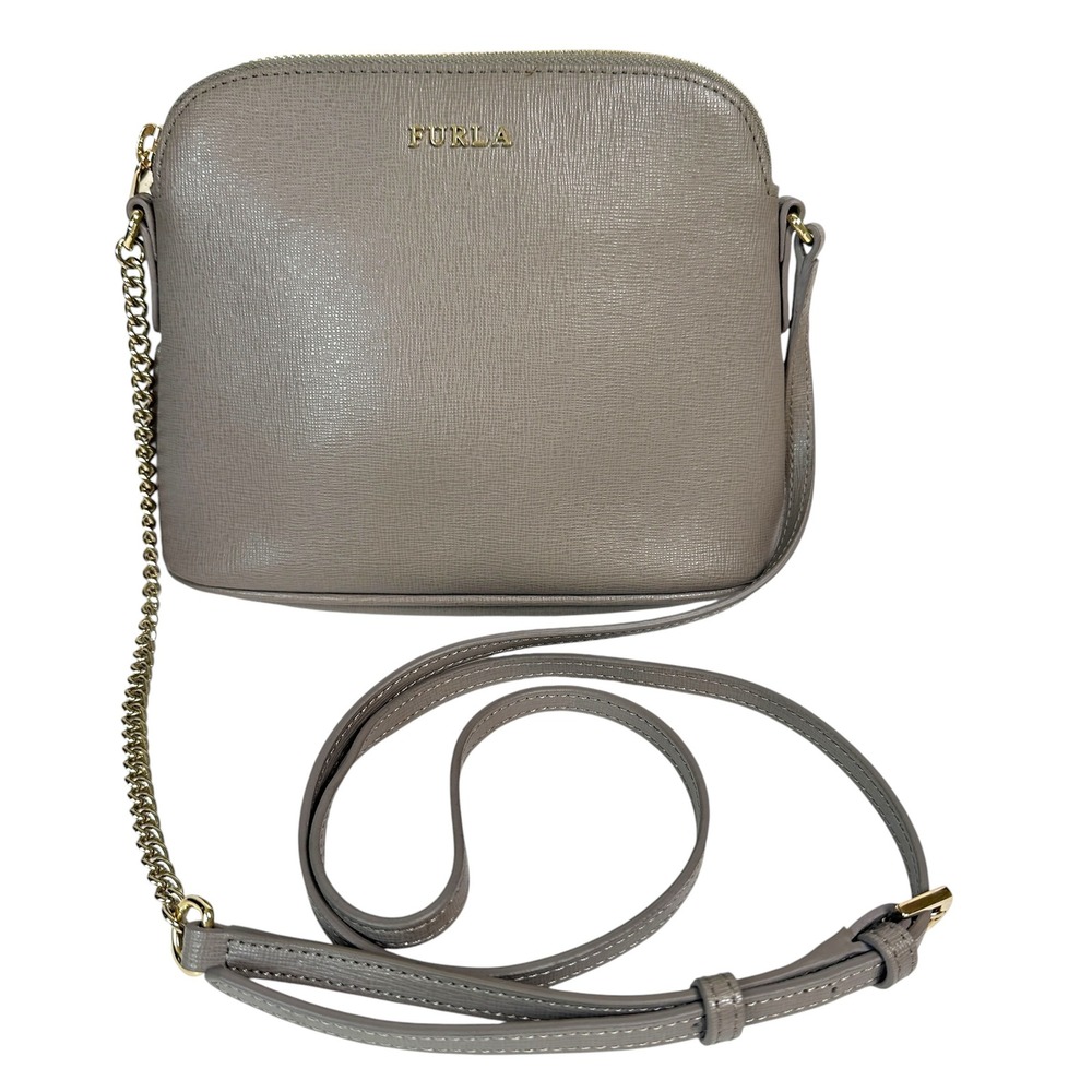 Furla Crossbody Bag Piper Saffiano Leather‎ Chain Strap Gray OS Minimalist Chic